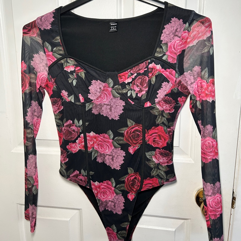 Floral Long Sleeve Bodysuit - Black and Pink